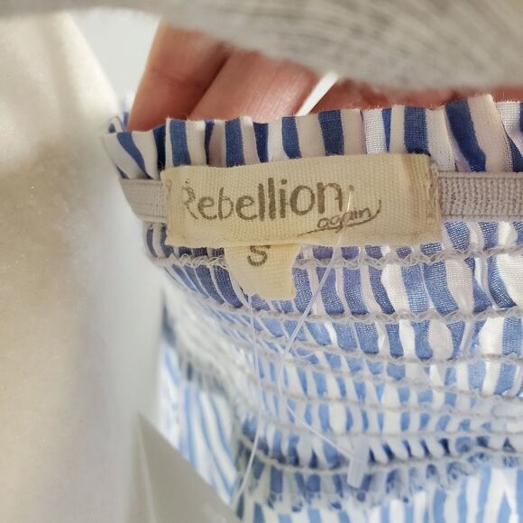 NEW Rebellion Again off the shoulder blue striped boho top‎ blouse S - Picture 6 of 7